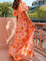 Puff Sleeve Floral Print Back Smocked Pocket Maxi Dress