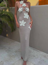 3D Flower Decor Halter Neck Bodycon Crochet Maxi Dresses
