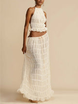Pleated Drawstring Charm Waist Tiered Maxi Skirt