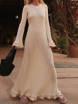 Elegant Trumpet Sleeves Rolled Hem Knitted Round Neck Maxi Dress