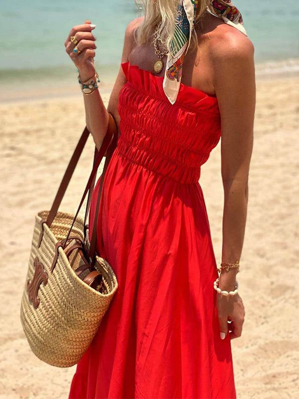 Off Shoulder Smocked Bust Vacation Maxi Dress