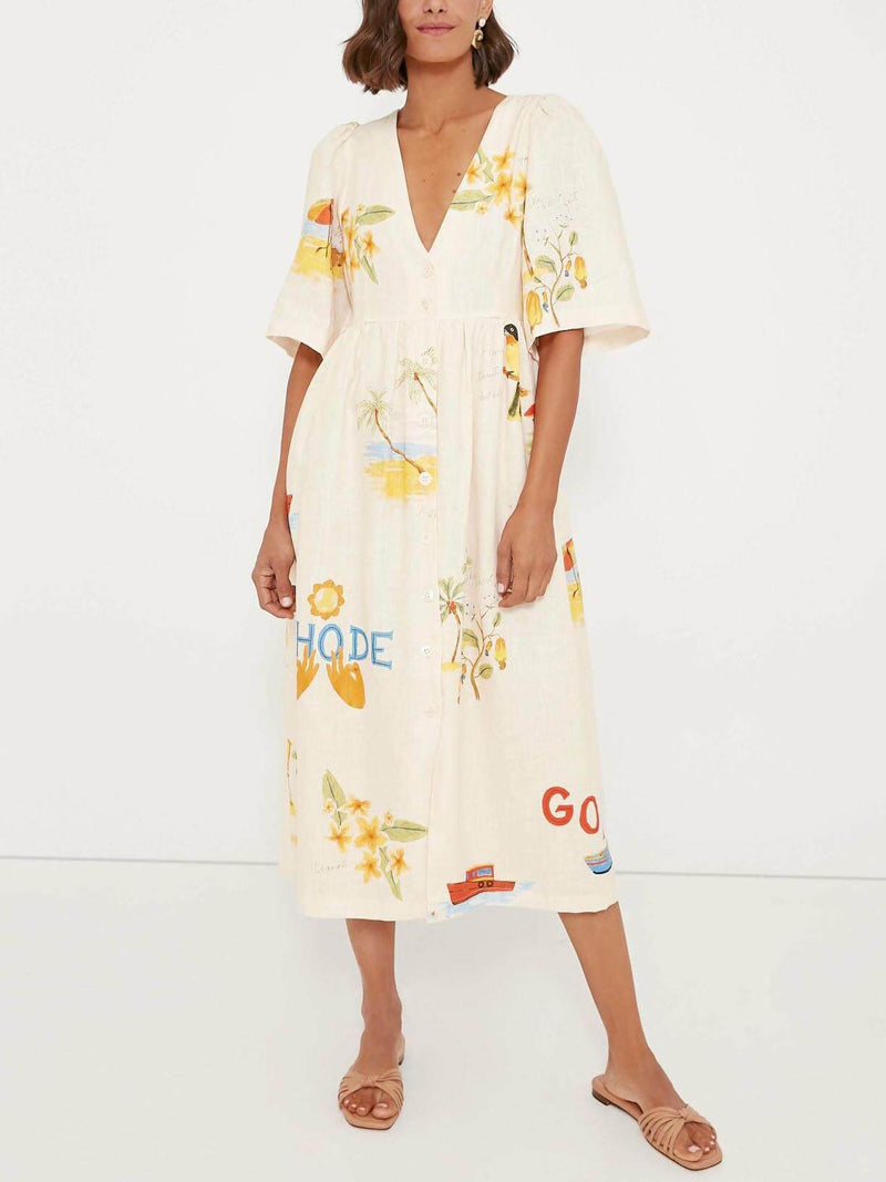 Folk Floral Print Unique Holiday Puff Sleeve Midi Dress